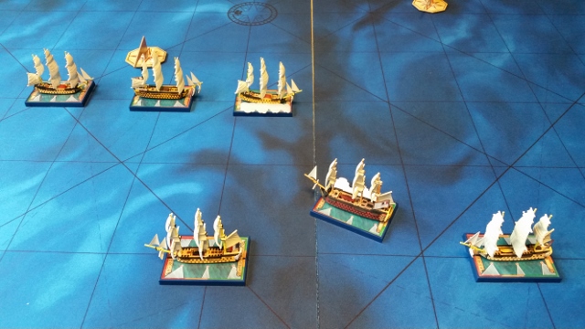 Montagne turns to stbd followed by Paul. Sven sails on as Montagne opens up with her forward battery.