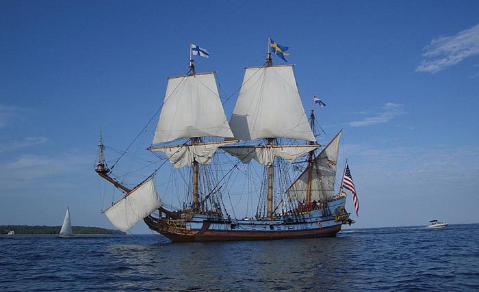 Kalmar Nyckel --  the original Kalmar Nyckel was a Dutch built ship launched in 1625 carrying 40 crew and 28 soldiers. In 1638 it sailed from Gothenburg, Sweden carrying Swedish settlers to the New World to establish the colony of New Sweden in North America. The replica that sailed past my home today was built in Delaware in 1995.