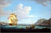 thomas whitcombe a british frigate with a longboat off the headland of gallows hill broad bay is